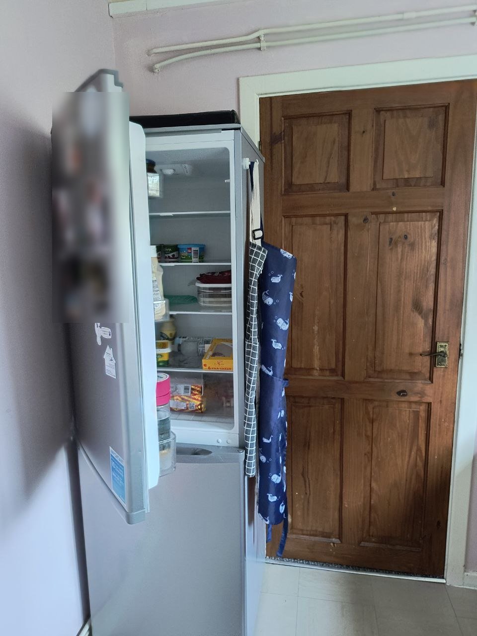 Fridge-freezer after the door was reversed, opening back against the wall with the shelves clear and easy to reach